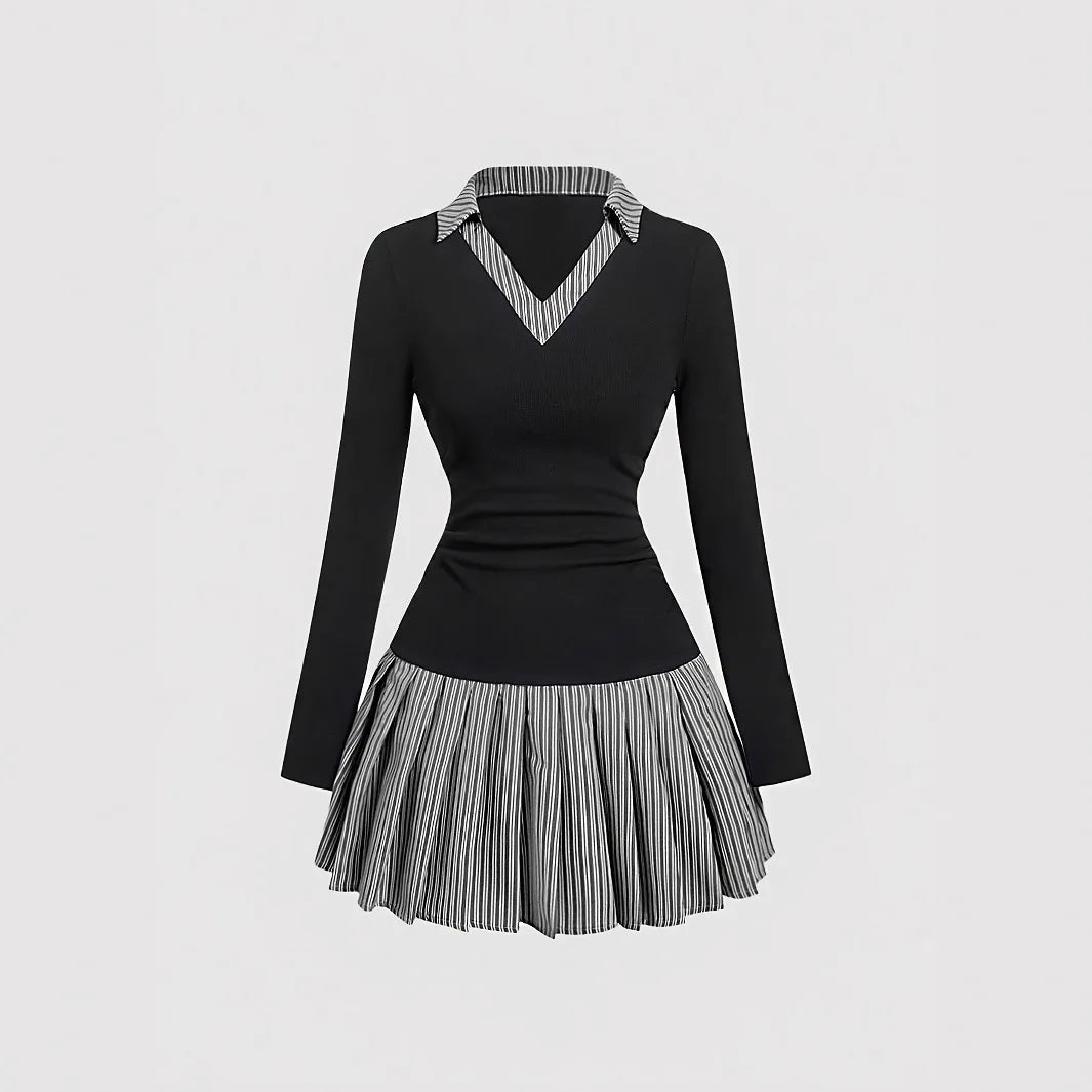 ◽️ Elegant College style Dress / dr857bl / black / one size