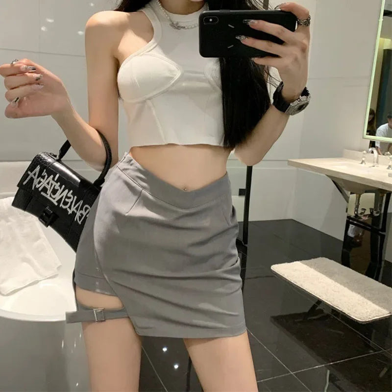 ◽️Side Strap Mini Skirt / bt657grwtbl / gray , white , black / s , m
