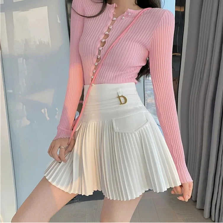 ◽️ Pleated Mini Skirt / bt589wtbl / white , black / one size