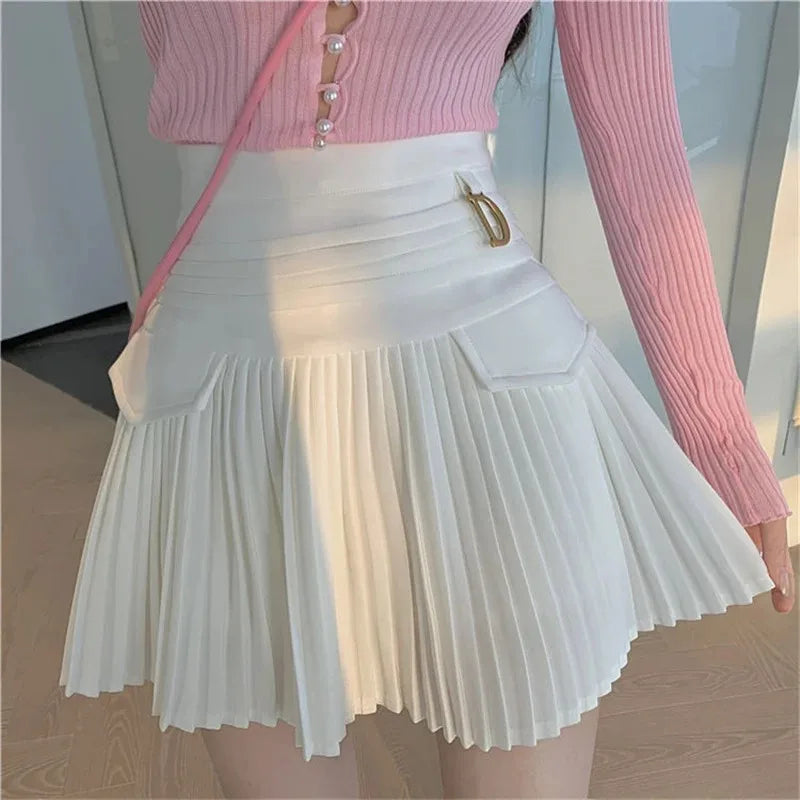 ◽️ Pleated Mini Skirt / bt589wtbl / white , black / one size